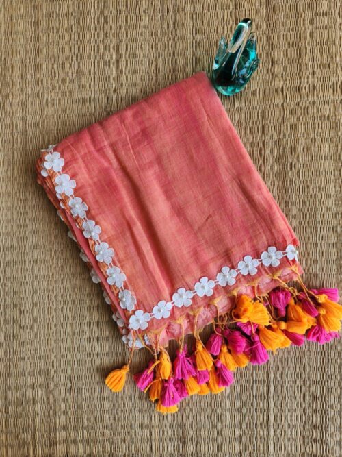 Orange Bengal cotton saree with beads work