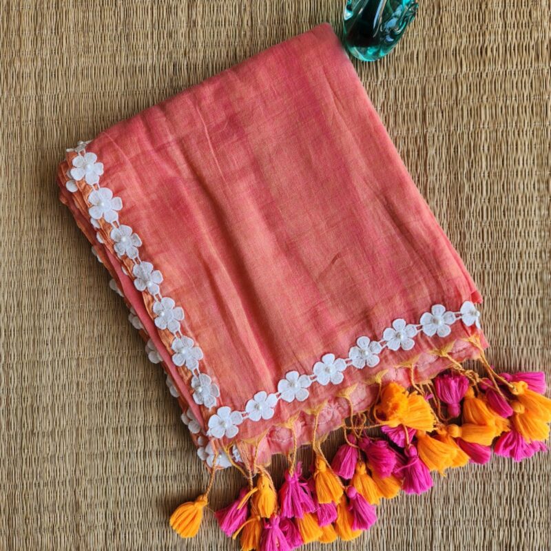 Orange Bengal cotton saree with beads work