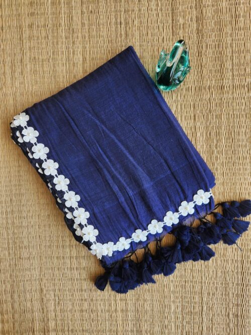 Navy Blue Bengal cotton saree with beads work