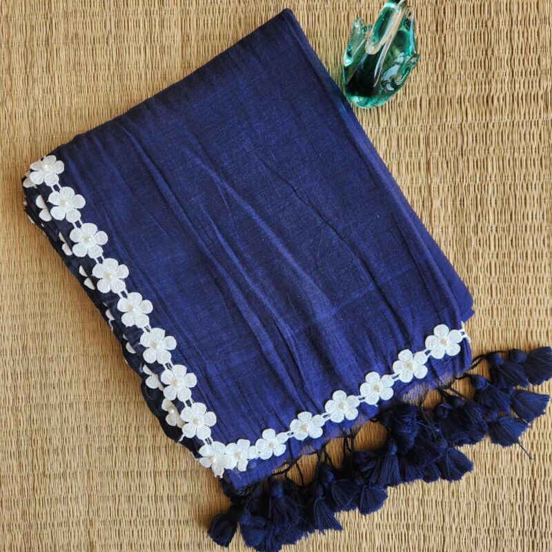 Navy Blue Bengal cotton saree with beads work