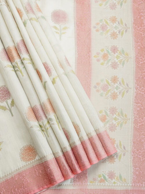 Cream colour with baby pink pure Banarasi Chanderi Silk