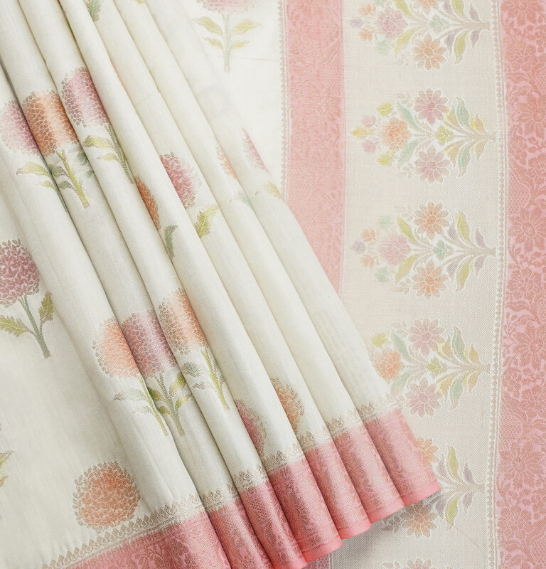 Cream colour with baby pink pure Banarasi Chanderi Silk
