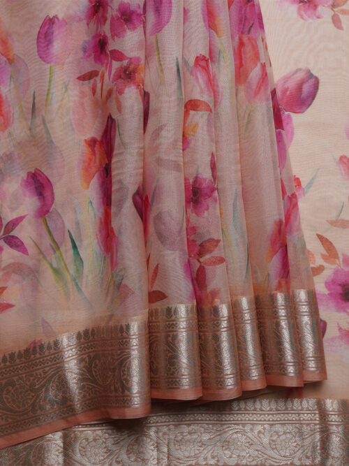 PURE ORGANZA SAREE WITH ZARI WORK FLORAL PRINT