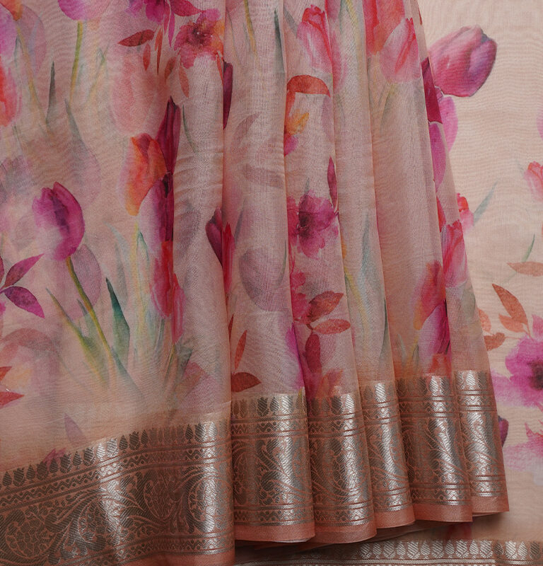PURE ORGANZA SAREE WITH ZARI WORK FLORAL PRINT